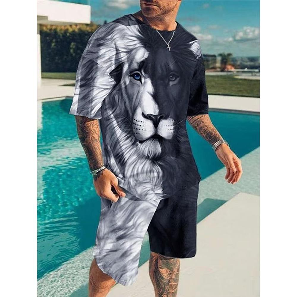 Fashion Lion King 3D Printed Men's Summer Animal Print Relaxed Fit Short Sleeve & Shorts 2-Piece Casual Sport Outfit Set
