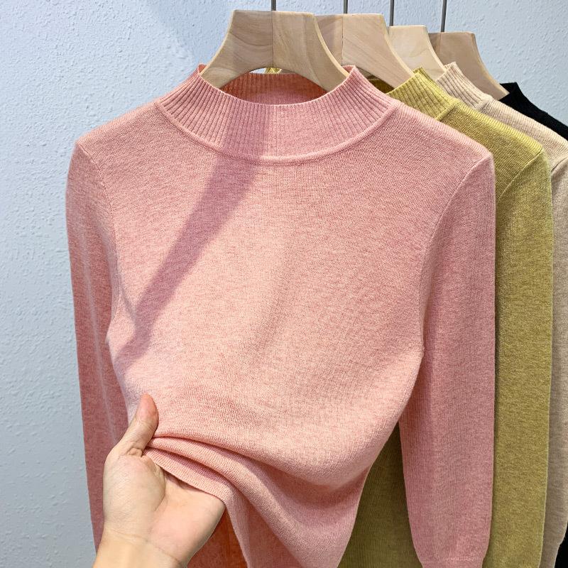 Женский осенне-зимний трикотажный топ с высокой горловиной, однотонный, мягкий, липкий низ, эластичная внутренняя отделка на талии