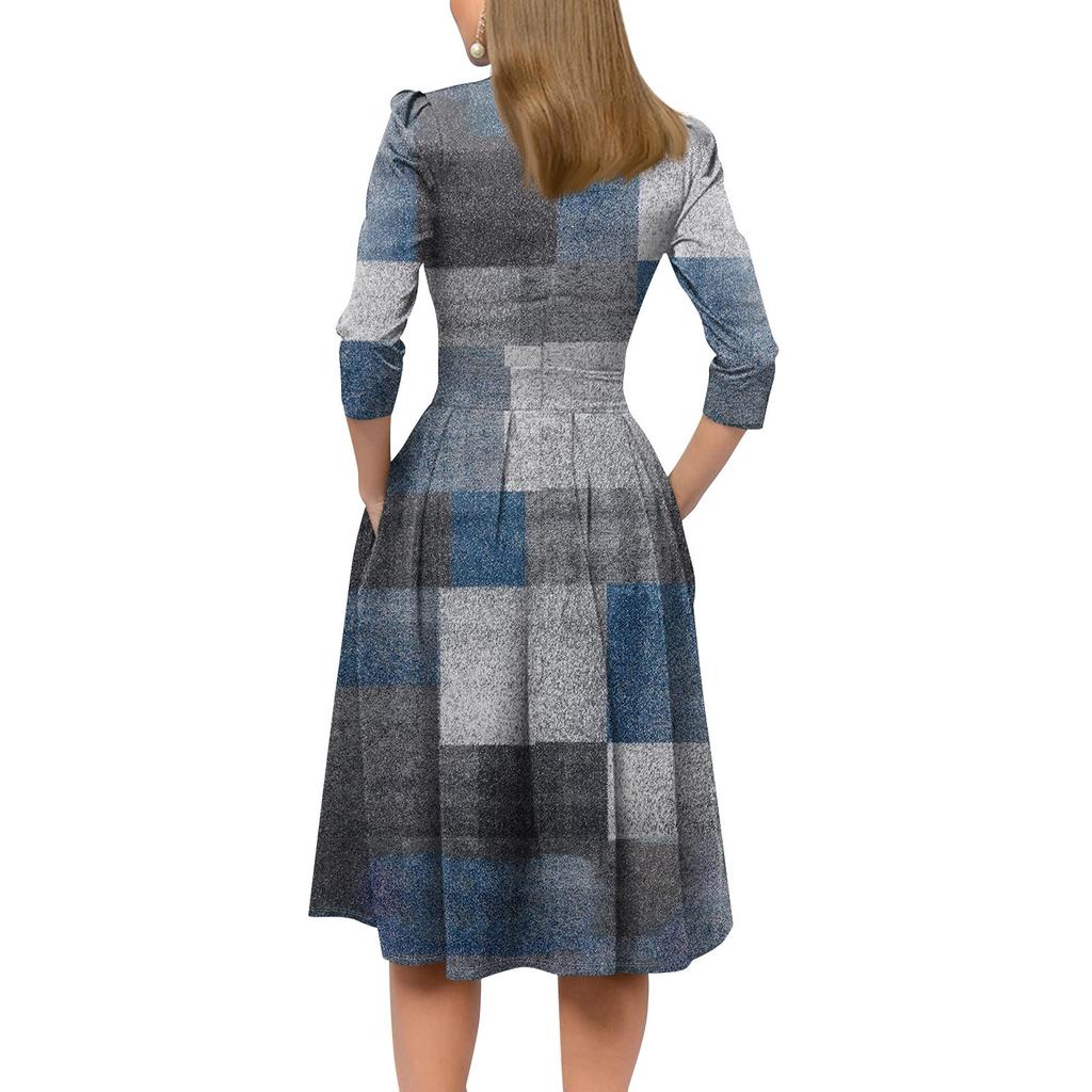 Women's Casual And Fashionable 3/4 Sleeve Pocket With Back Zipper Dress