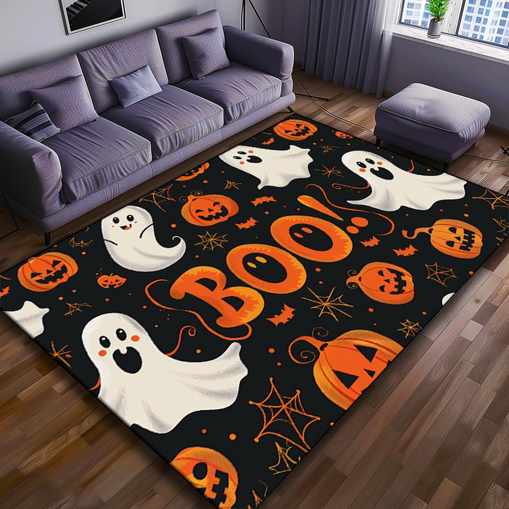 Halloween Themed Polyester Area Rug – Spooky Pumpkin & Ghost Pattern with Non-Slip Rubber Backing, Durable Crystal Velvet Floor