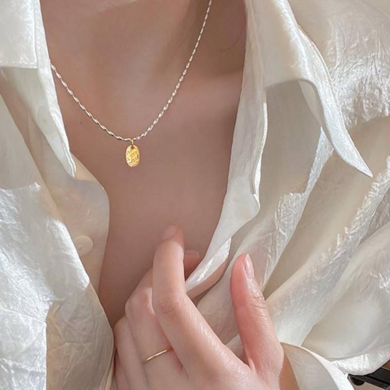 ANENJERY Love Letter Oval Pendant Olive Bead Rice Grain Necklace for Women Fashion Jewelry Summer Accessories