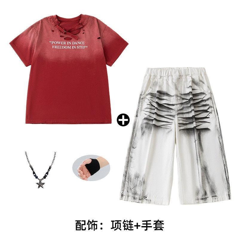 Kids Hip Hop Dance Outfit Set Boys Girls Street Performance Cool Style Short Sleeve Pants