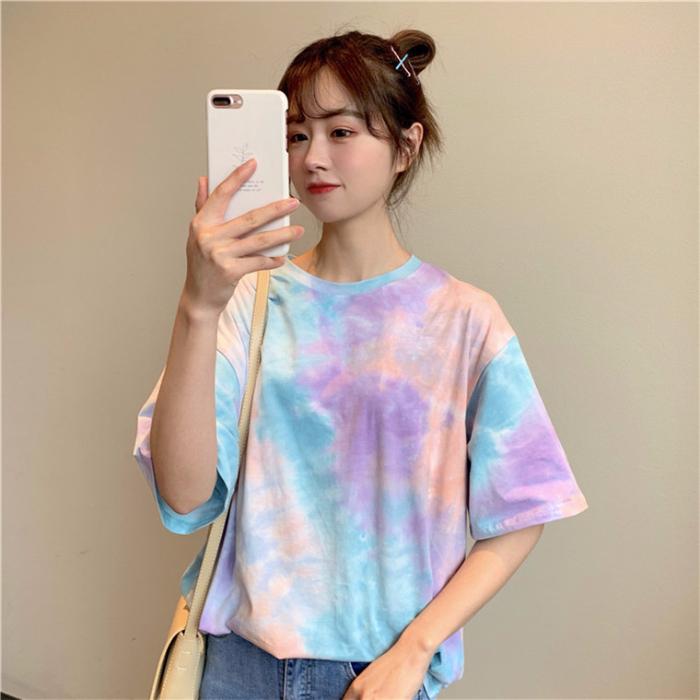 2025 Летняя мода женские футболки корейский Tie dye печать графическая футболка Femme Harajuku повседневная свободная рубашка y2k верхняя одежда футболка женская уличная одежда