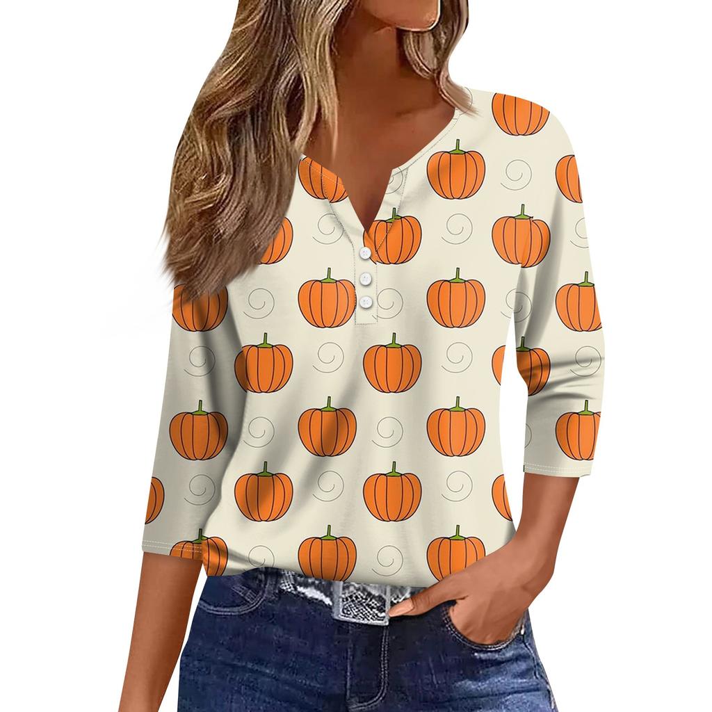 3/4 Length Sleeve Womens Tops Floral Halloween Print Vintage Fashion Casual Loose With V Neck Plus Size Shirts
