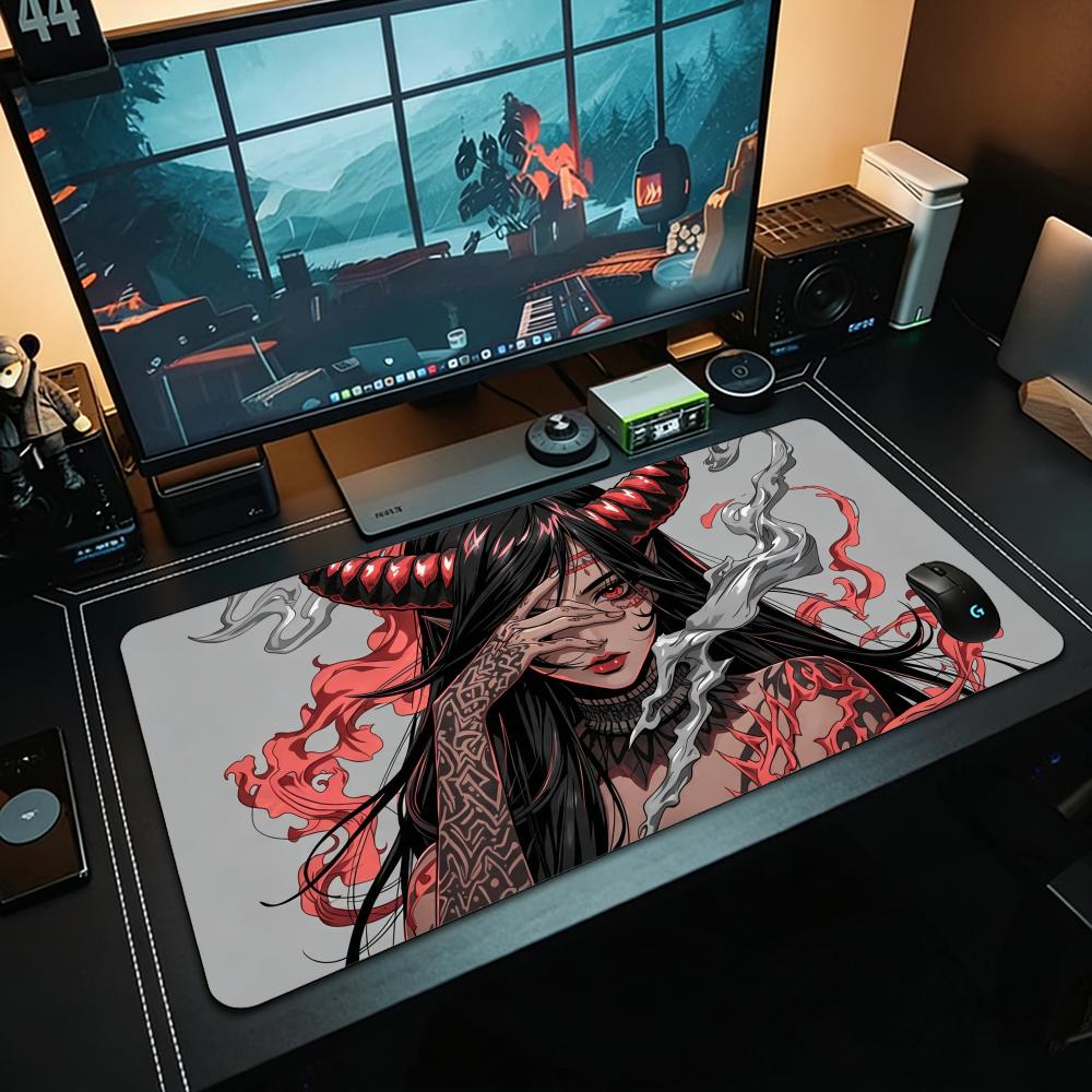 Anime Girls Samurai Oni Mask Mousepad Large Computer Gaming Accessories 400x900mm Gamer Mouse Mat Office Rubber Long Desk Mats