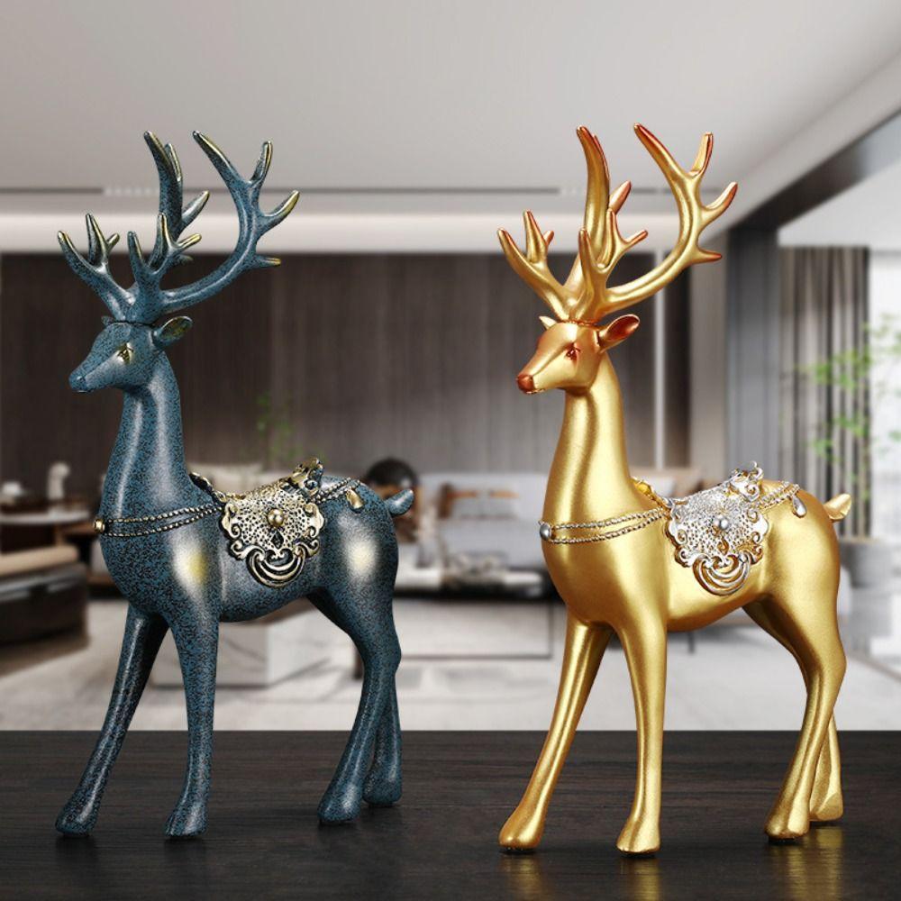 2pcs Modern Elk Statue Resin Animal Sculpture Couple Deer Ornaments Micro Landscape