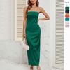 Solid Color Breast-wrapped Elastic Backless Satin Dress