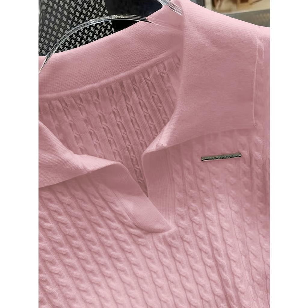Temperament Lapel Ice Silk Knit Top Летняя свободная тонкая футболка с короткими рукавами