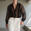 Oversized Men Lapel Neck Long Sleeve Ruffled See Through Transparent Party Club Loose Shirts