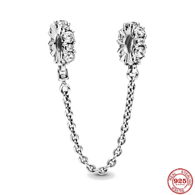 925 Sterling Silver Sparkling Clear Sparkle Flower Safety Chain Charm Bead Fit Original Bracelet Pendant DIY Jewelry