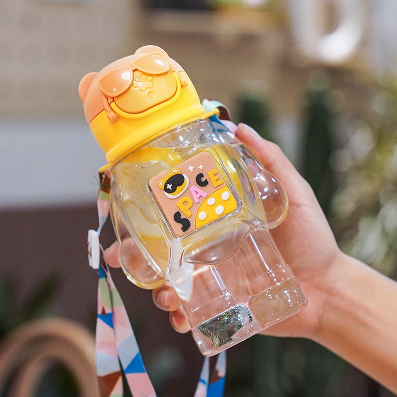 Water bottle new straw cup student children cartoon bear cup portable strap handle sticker plastic cup waterproof and drop resistant