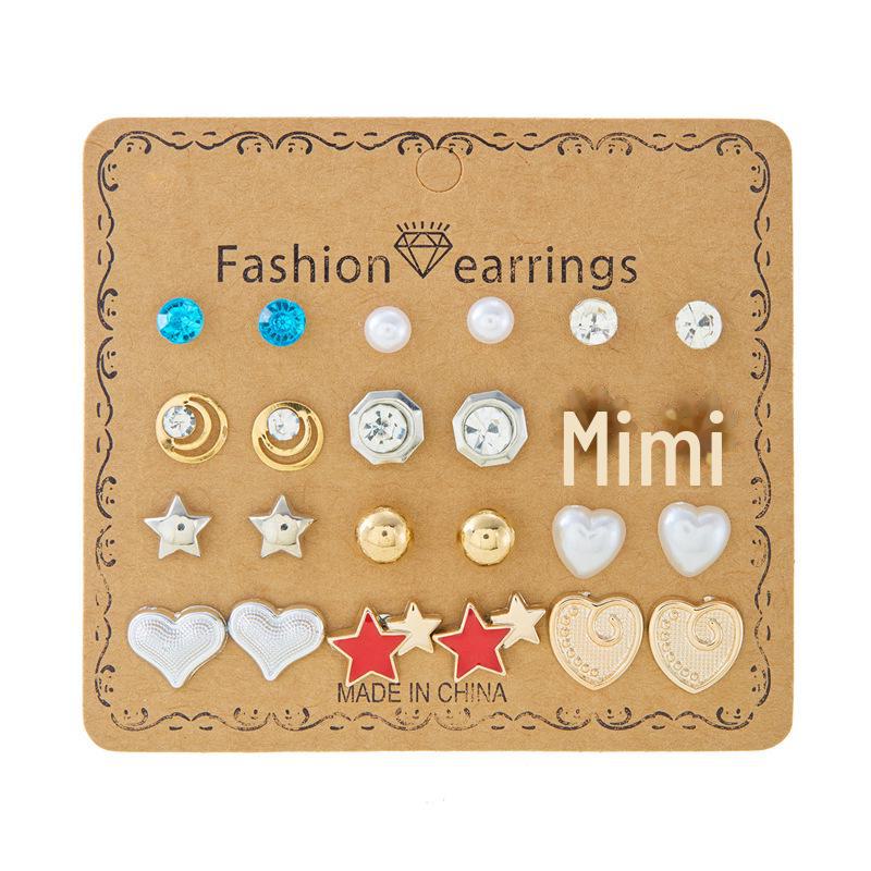 Европейский и американский комплект из 12 пар серег с цветочным жемчугом, круглыми бусинами и бриллиантами - ежемесячный ассортимент