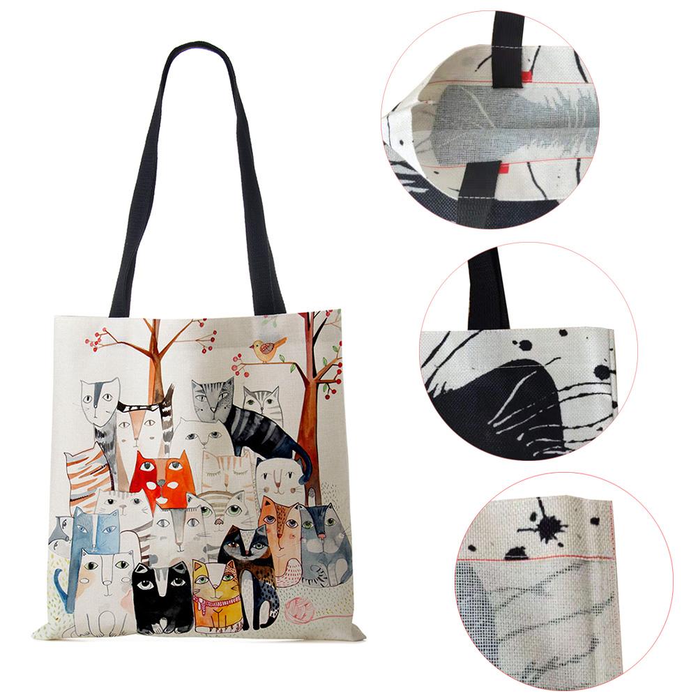 Милая Кавайная Мультяшная Аниме Кошка Принт Льняная Сумка-Тоут Женская Модная Сумка Школьная Дорожная Сумка Через Плечо Многоразовая KTY