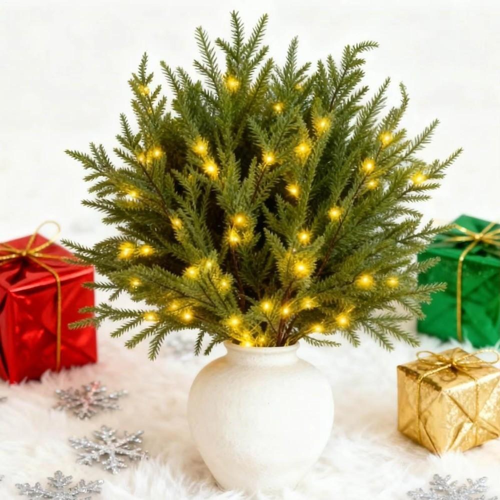 5/10Pcs with Lights Faux Christmas Norfolk Pine Stem Faux Cedar Branches Christmas Decoration