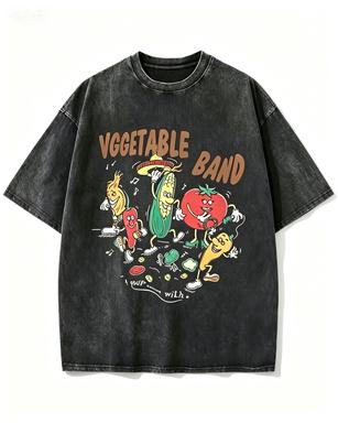 2026 new Washed Cotton Tshirt with Funny Vegetable Band Print Casual Streetwear Top