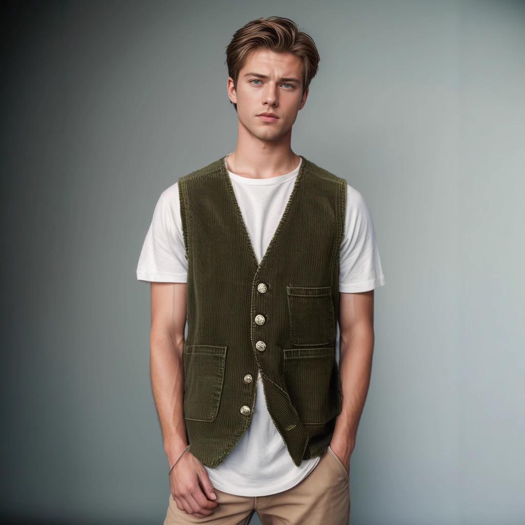 2024 Мужская вельветовая жилетка-куртка: Осень/Зима, Карманный дизайн, Однотонный, Однобортный