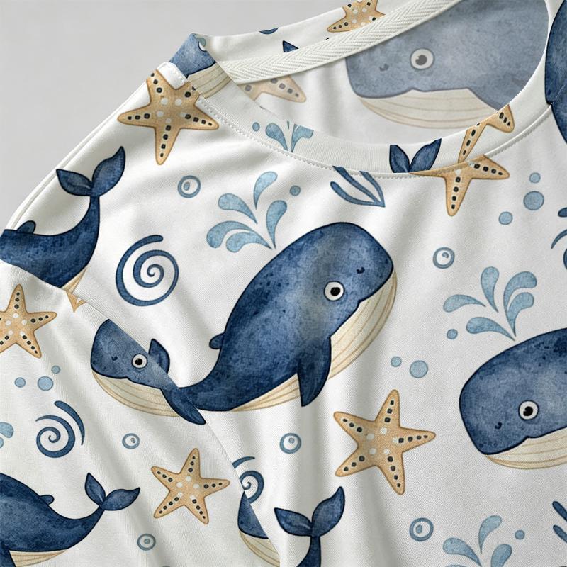 Casual Basic T-Shirt Marine Animals Collection Featuring Cute Whale & Starfish Prints,Soft Skin-friendly Tee for Daily Work & Commute