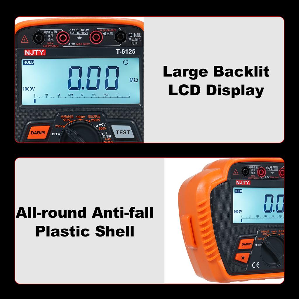 NJTY Insulation Resistance Tester 2500V Digital Megohmmeter MAX 200G Ohm  Measuring Low Resistance