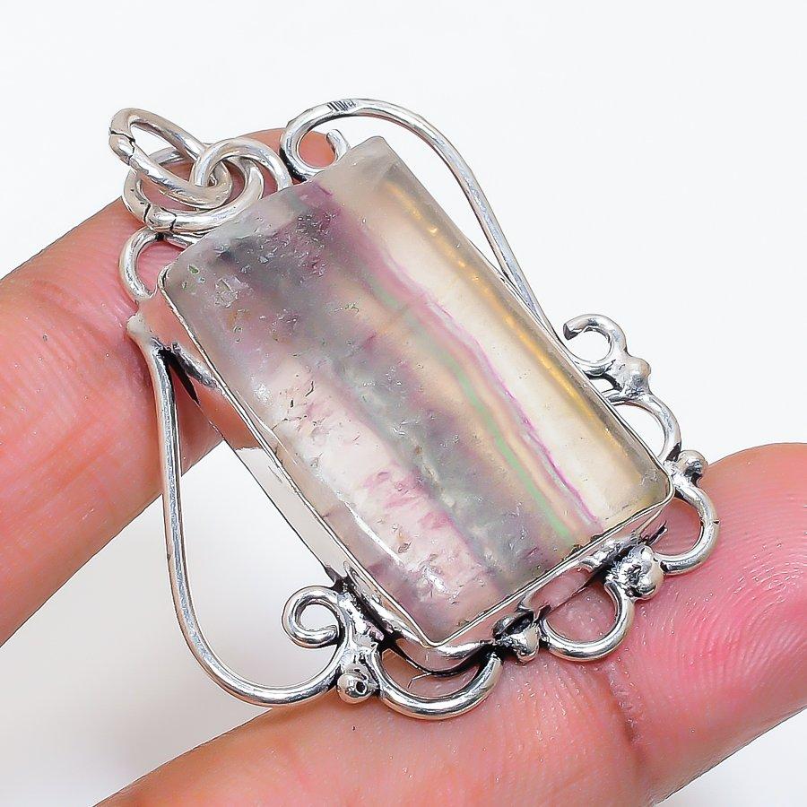Natural Fluorite Gemstone 925 Sterling Silver Jewelry Pendant 1.85" ZS-97