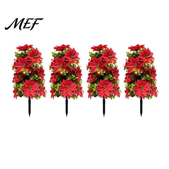 Indoor Outdoor Holiday Accents 22" Artificial Poinsettia Flowers with Ground Spikes, Red Christmas Floral Stakes, Waterproof Inserted PVC Simulation
