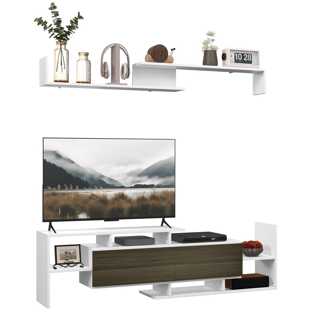 Mobile TV With Wall Shelf Open Shelves And Wooden Cabinet White And Black