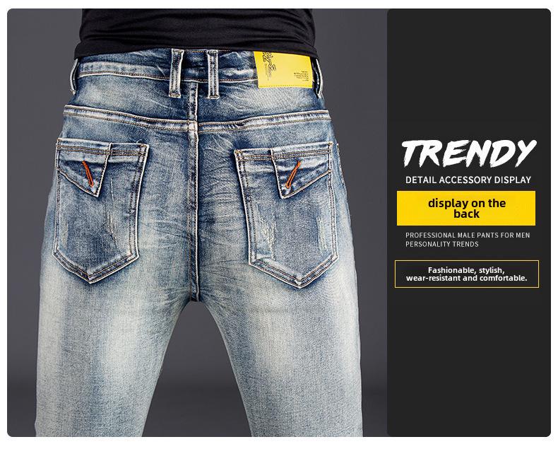 Ностальгические синие эластичные узкие джинсы в мотоциклетном стиле для мужчин - облегающие брюки из денима с модной строчкой