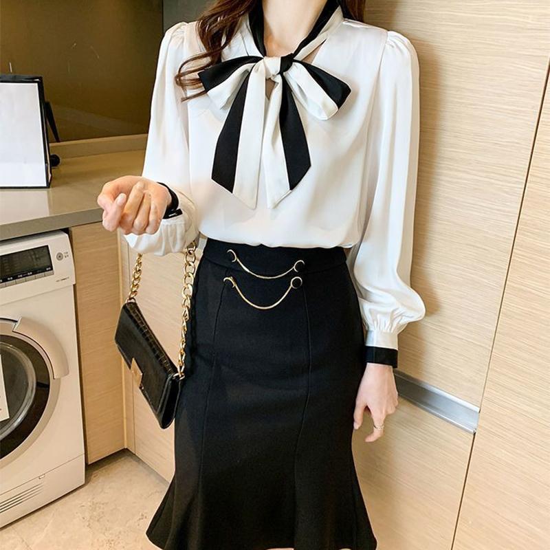 Женская рубашка с бантом, рубашка с длинным рукавом, маленькая шифоновая рубашка весной и осенью с дизайном