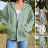 Ladies Fall Winter Coat Solid Color Loose Zip Up Pockets Long Sleeve Drawstring Hooded Elastic