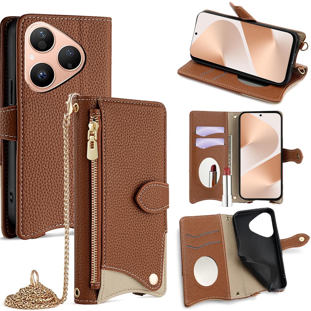 Кожаный чехол-кошелек с подставкой для Huawei Pura 80, стиль «неправильный хвост», с цепочкой