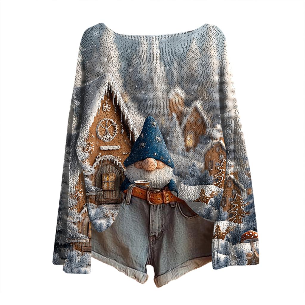 Women's Christmas Print Lightweight Sweater Casual Long Sleeve Knitted Pullover