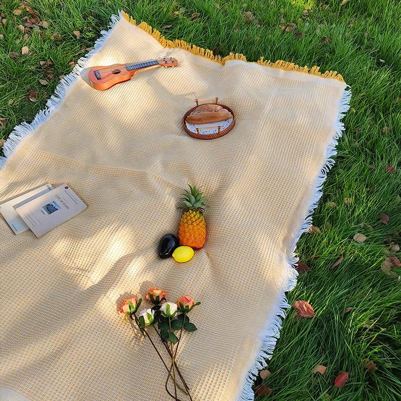 Picnic Mat Linen Waffle Weave Fringed Camping Blanket Outdoor Tablecloth Multi Purpose Outdoor Mat For Picnic Camping Car Trunk