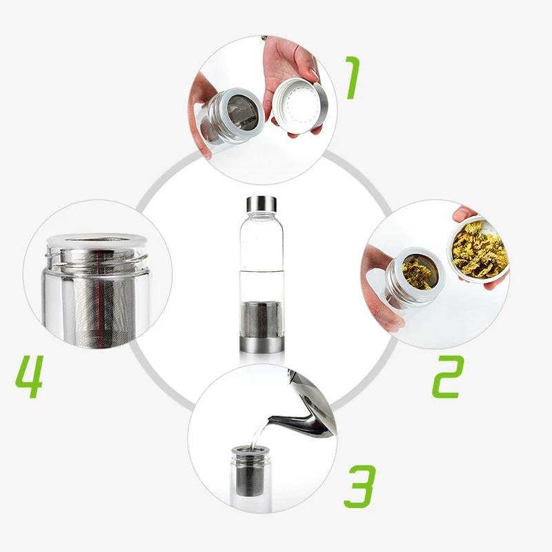 Бутылка для воды из термостойкого стекла объемом 550 мл с заварником для чая + защитный чехол для бутылки-шейкера