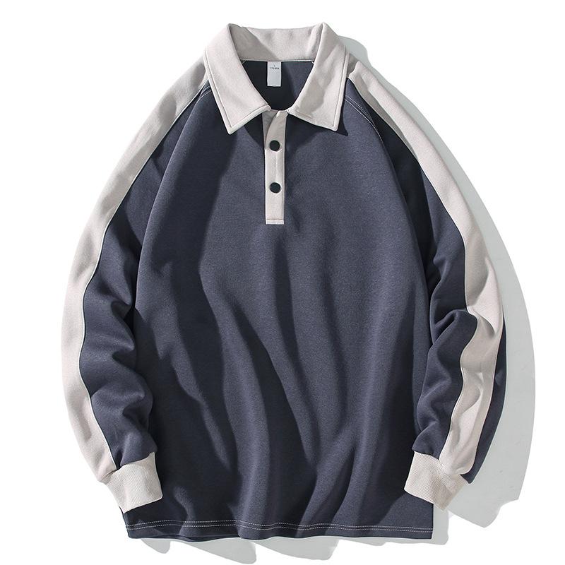Men Loose Long Sleeve Turn Down Collar Color Block Patchwork Pullover Polo Sweatshirt