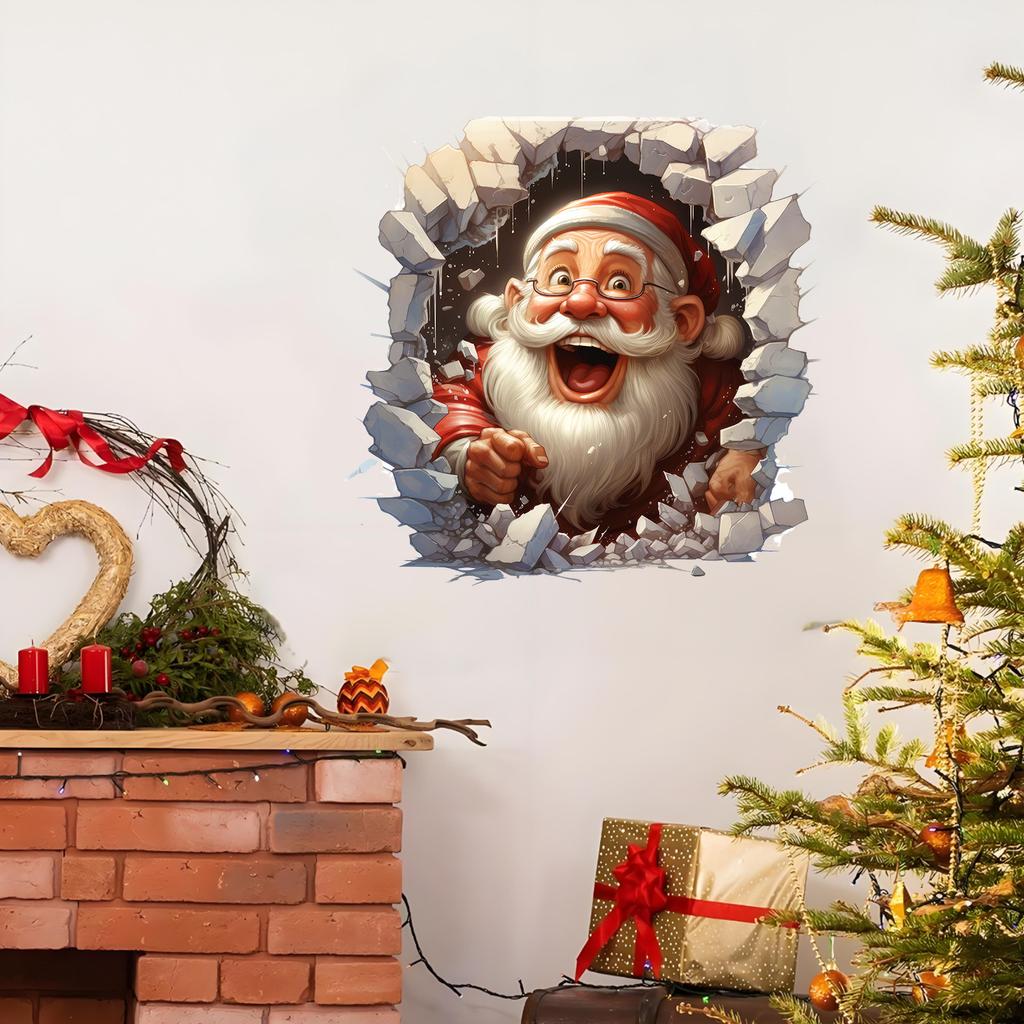 40cm 3D Breaking Wall Christmas Decals Santa Claus Snowman PVC Self Adhesive Stickers for Living Room Bedroom Holiday Decor