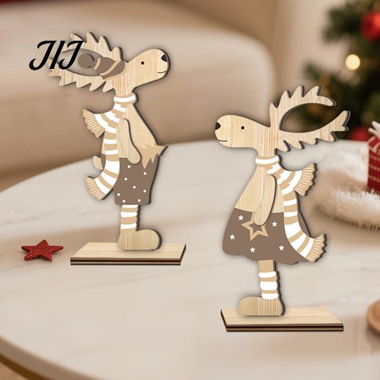 Rustic Wood Holiday Centerpieces 2Pcs Wooden Christmas Reindeer Ornaments, Cute Elk Desktop Decorations, Festive Ornaments for Party Double