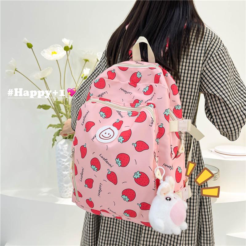 Schoolbag schoolbag for girls, junior high school students, primary school students, large-capacity Korean campus, strawberry printing