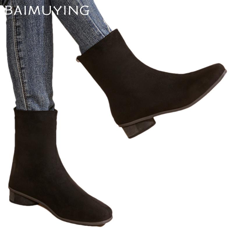 Ankle Boots Winter Women Shoes Pointed Toe Retro Mid Heels Suede Shoes 2025 Trend Designer Classic Goth Winter Botas De Mujer