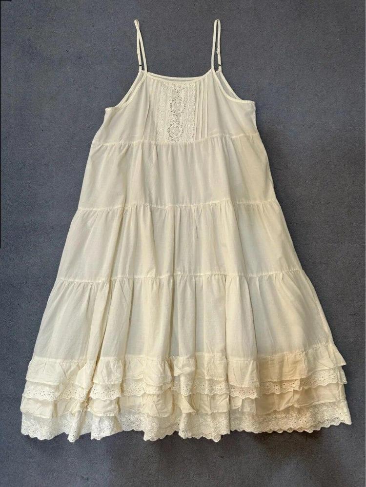 Summer New Women Casual Dresses Johnature Sweet Mori Japanese Loose Slip Dress Patchwork Lace Cotton Render Cake