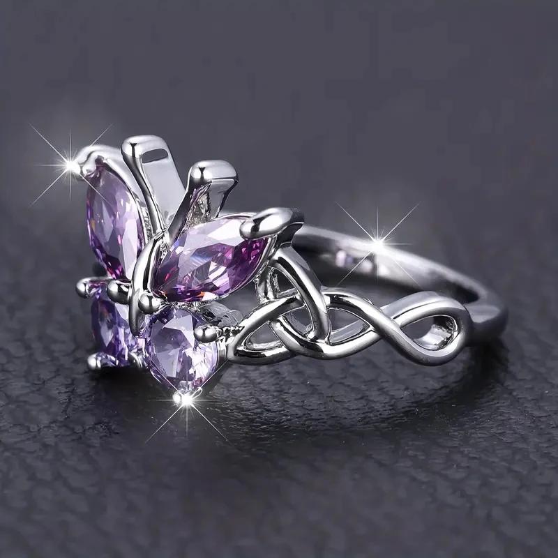 Huitan Romantic Purple Butterfly Rings for Women Charming Purple Cubic Zirconia Aesthetic Female Rings Party Fashion Jewelry
