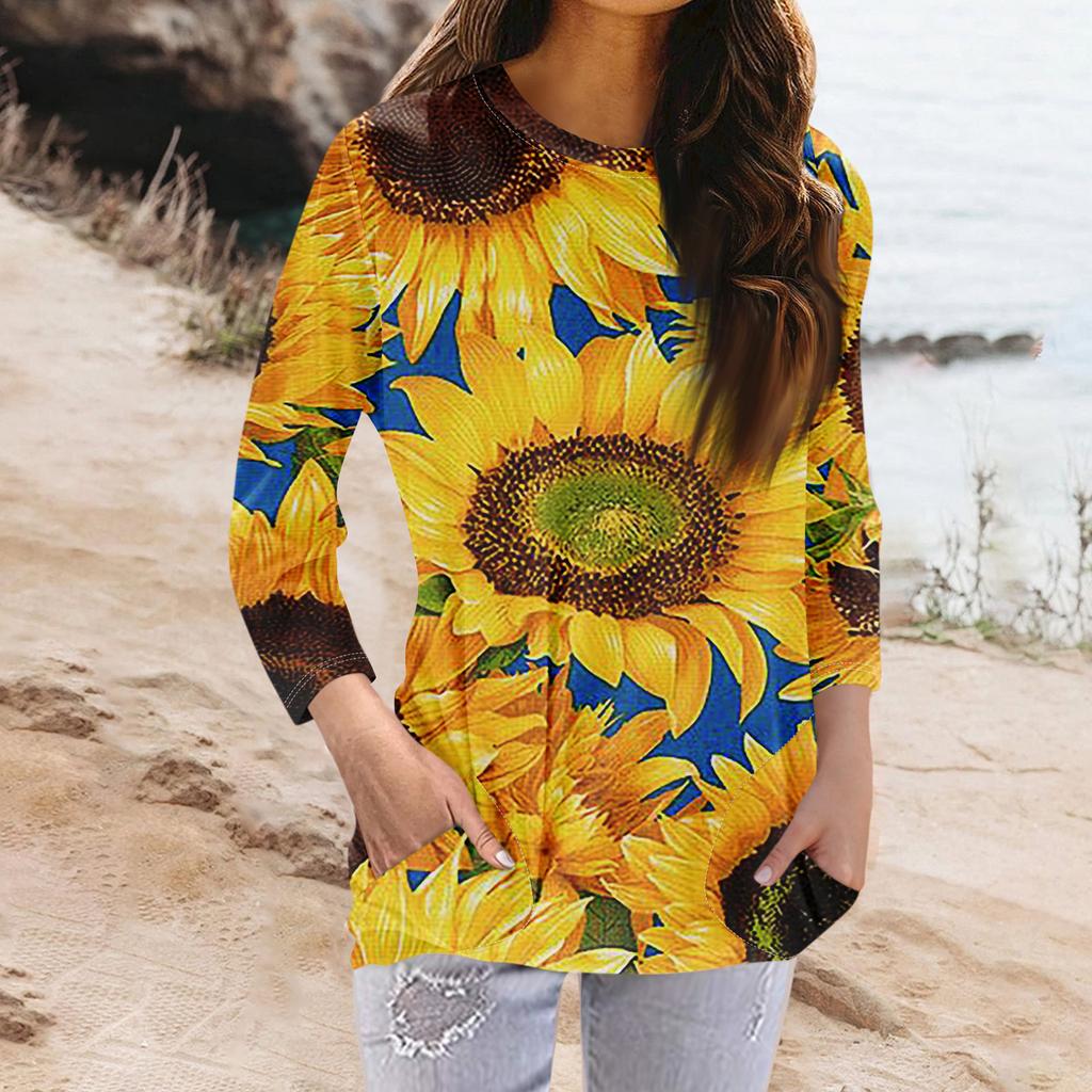 Женская модная повседневная футболка с карманом и круглым вырезом с рукавами 3/4 и топом