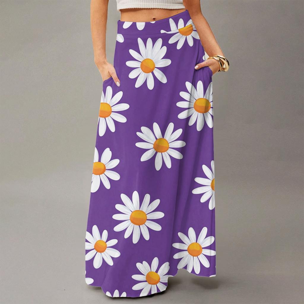 Женская повседневная складная юбка макси с цветочным принтом, высокой талией и карманом, с драпировкой