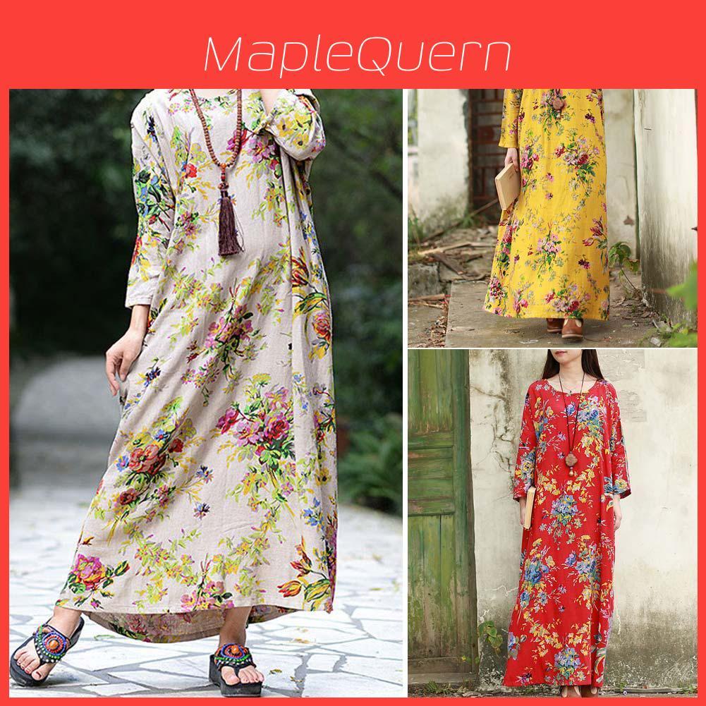 Casual Women Vintage Boho Dress Maxi Loose Long Cotton Dress Floral Sleeve Linen