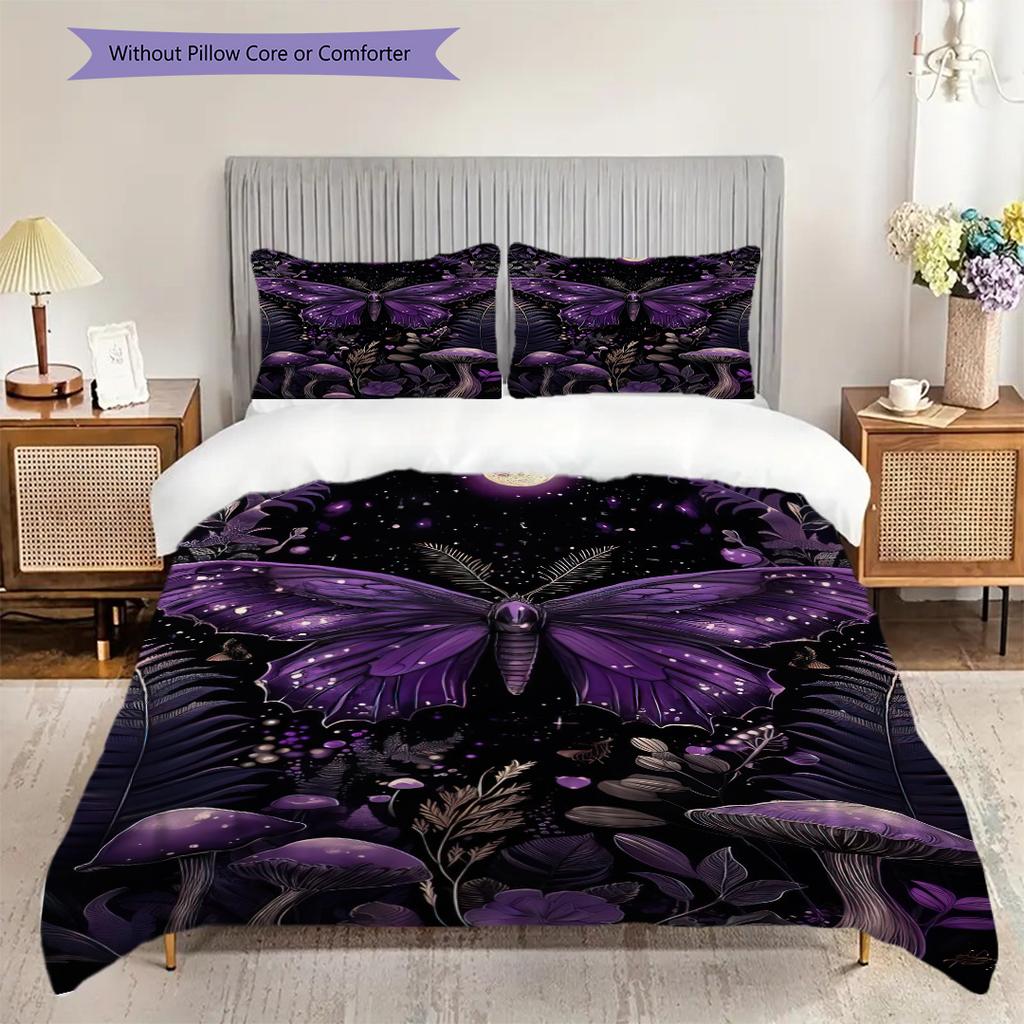 Night Garden Dreamy Purple Butterfly Mushroom Scene Bedding 1 Duvet Cover 2 Pillowcase Without Core Without Core