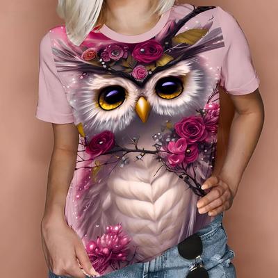 Плюс размер Летняя повседневная футболка с принтом совы Женская футболка с круглым вырезом и коротким рукавом Винтажные топы с изображением животных Женские