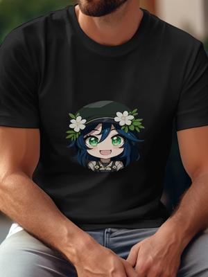 Rosaria Chibi Graphic Black T-shirt - 180g Cotton Crew Neck Short Sleeve Tee with Single-Sided Digital Print