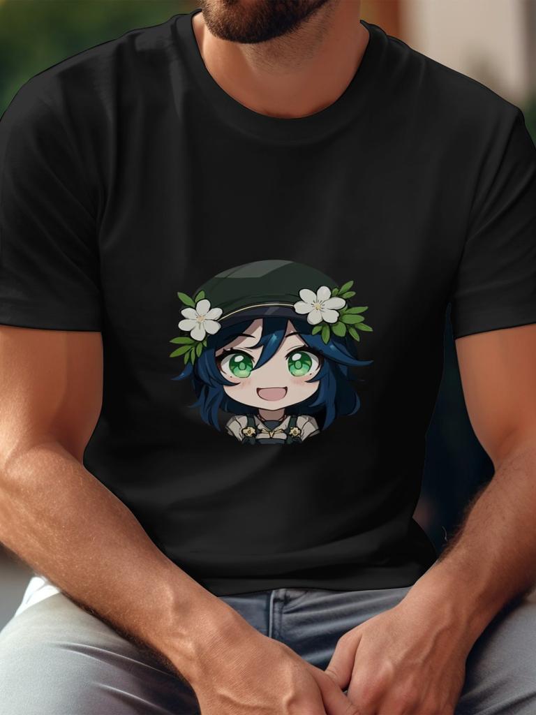 Rosaria Chibi Graphic Black T-shirt - 180g Cotton Crew Neck Short Sleeve Tee with Single-Sided Digital Print