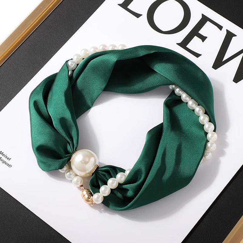 Magnetic Narrow Elegant Satins Neck Scarf Wrap With Pearls Chain Necklace And Buckle For Women Vintage Floral Silk Neckerchief