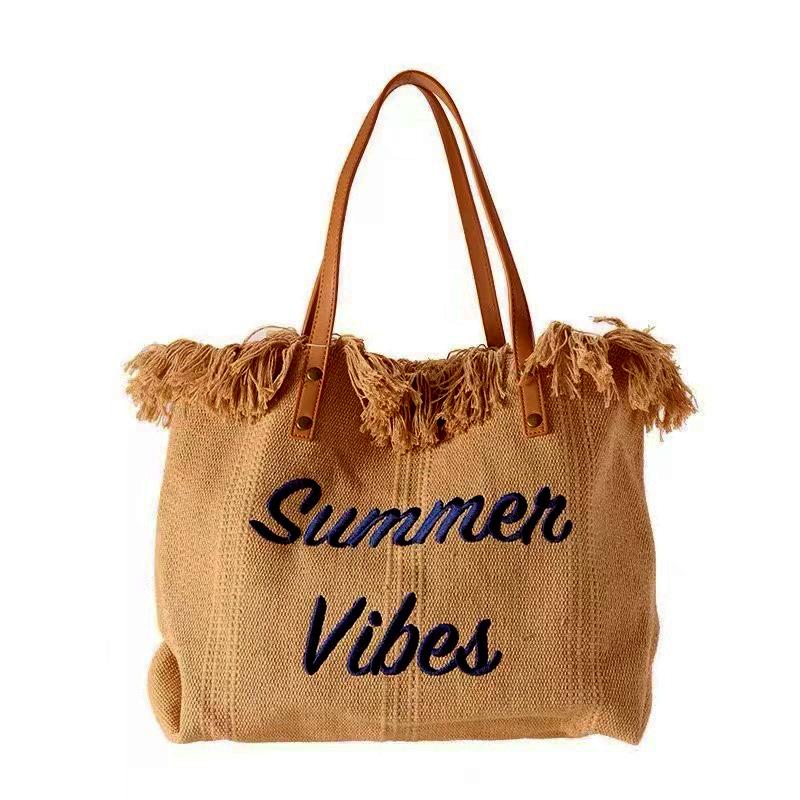 Женская холщовая сумка с вышивкой буквами, сумка-мессенджер на одно плечо, большая пляжная сумка-тоут, женская холщовая сумка