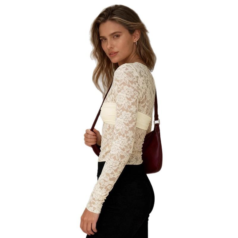Women S Lace Fake Two Piece Long Sleeve T Shirt Elegant Inner Wear