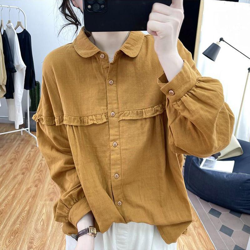 Cotton Linen Shirt Jacket Women Long Sleeve Button Comfort Vintage Solid Color Tops